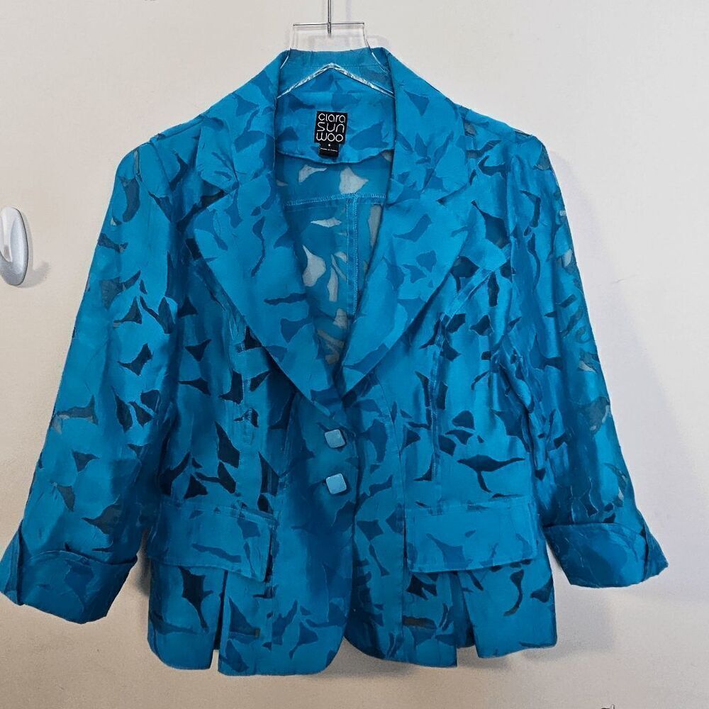 Clara Sun Woo Sheer Floral Blazer Jacket Women's Blue 2 Button Flap Pocket Size